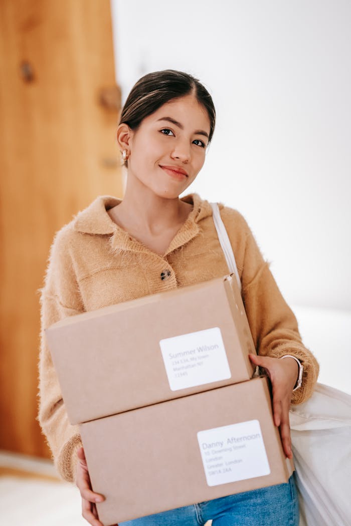 Services-01 Young woman smiling while holding delivery packages at home, wearing casual attire.